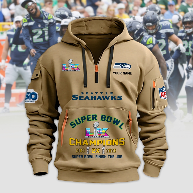 Seattle Seahawks Super Bowl LX 2026 2D Quarter Zip Hoodie Sizes S - 5XL