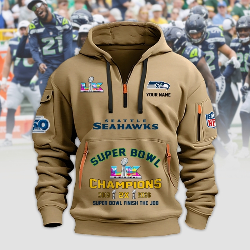 Seattle Seahawks Super Bowl LX 2026 2D Quarter Zip Hoodie Sizes S - 5XL