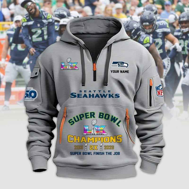 Seattle Seahawks Super Bowl LX 2026 2D Quarter Zip Hoodie Sizes S - 5XL