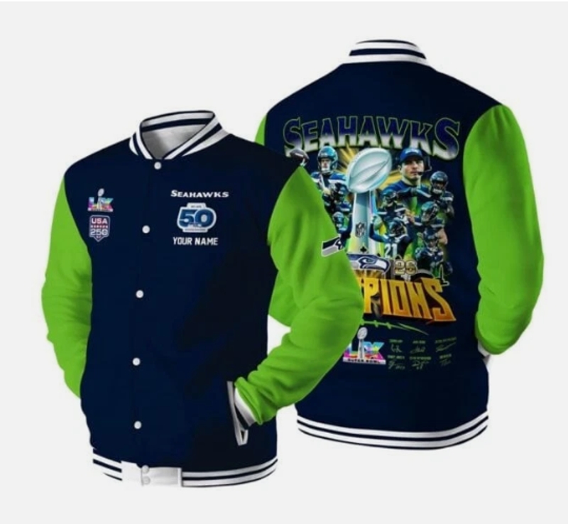 Seattle Seahawks Super Bowl LX 2026 Button Baseball Jacket