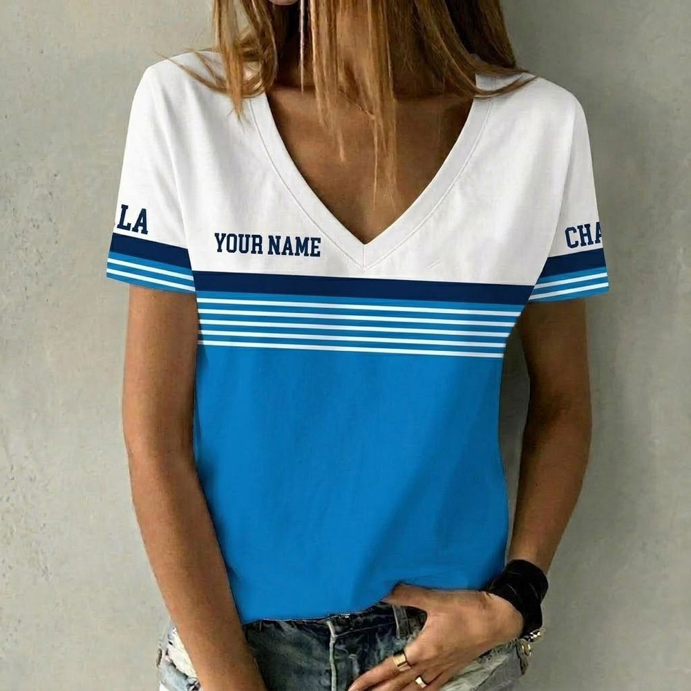 Powder Blue and Navy Colors Personalized Women V Neck T-Shirt