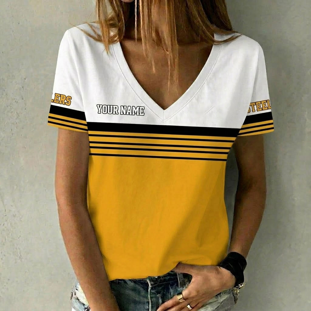 Yellow and Black Colors Personalized Women V Neck T-Shirt