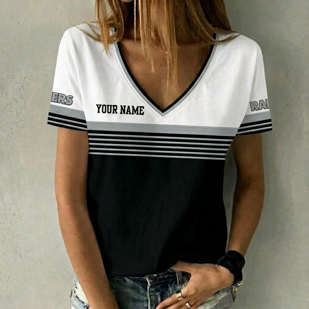 Black and Silver Colors Personalized Women V Neck T-Shirt