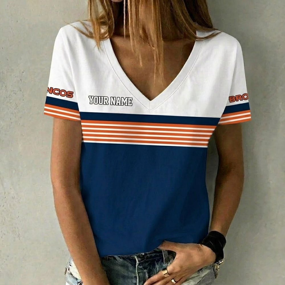 Orange and Navy Colors Personalized Women V Neck T-Shirt