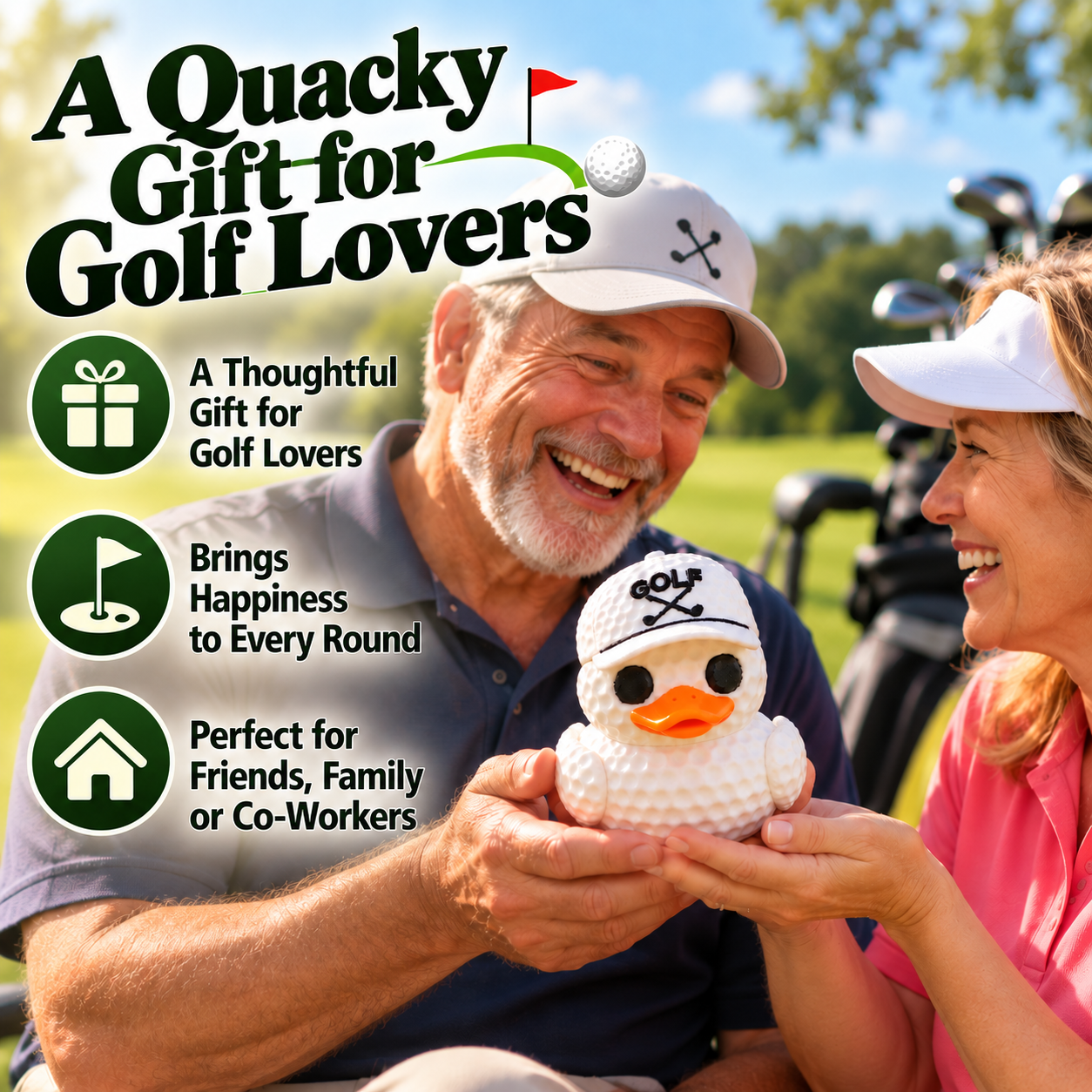 Close-up of the golf duck's face, sporty cap and golf ball-inspired appearance
