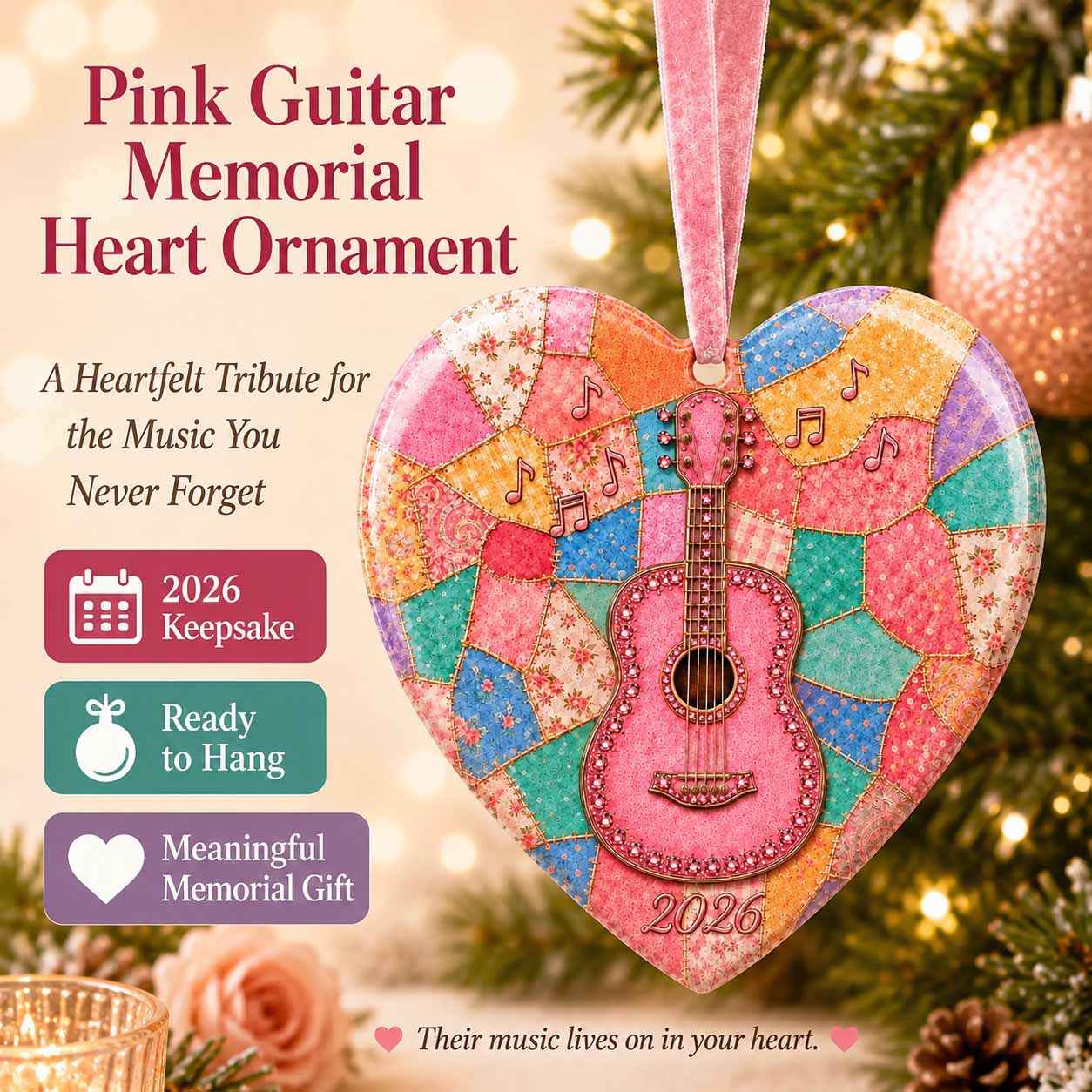 Pink Guitar Memorial Heart Ornament