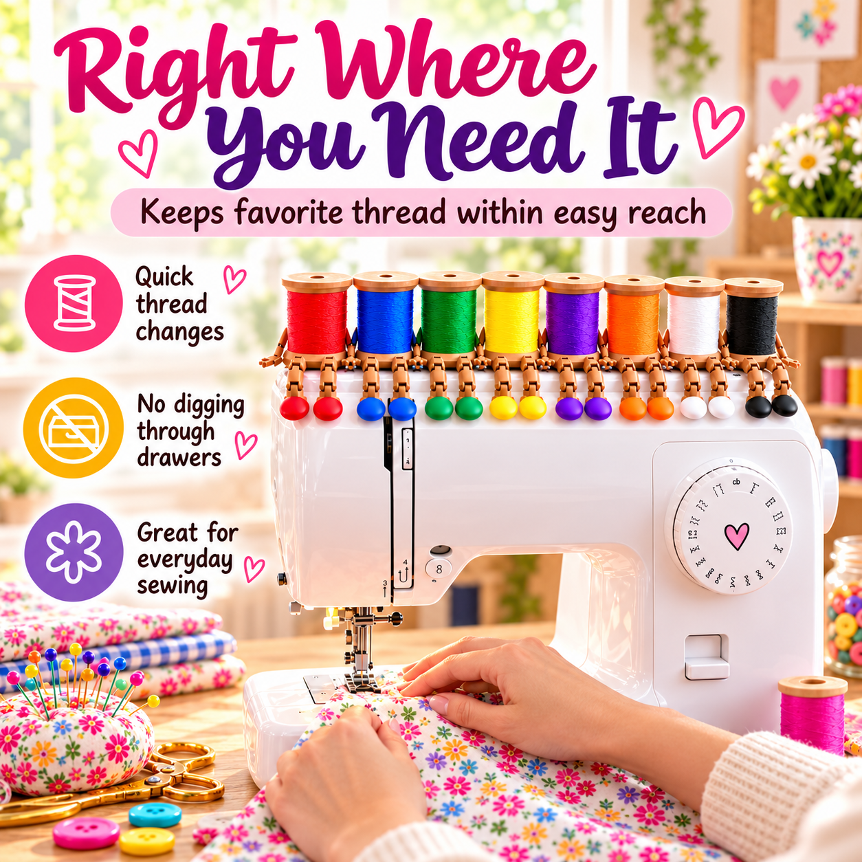 Thread Spool Buddy with colorful thread spools