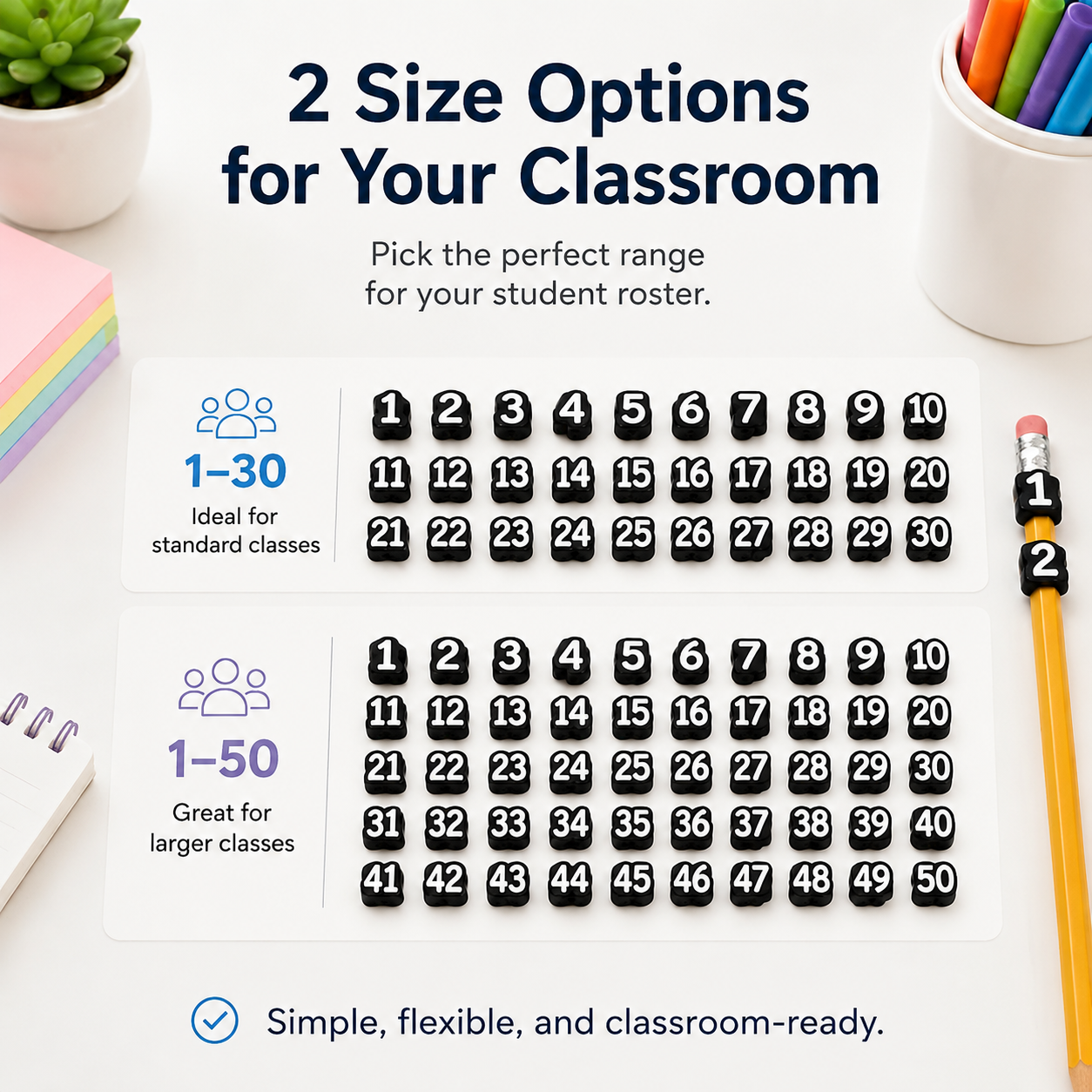 Numbered pencil toppers arranged in sequence