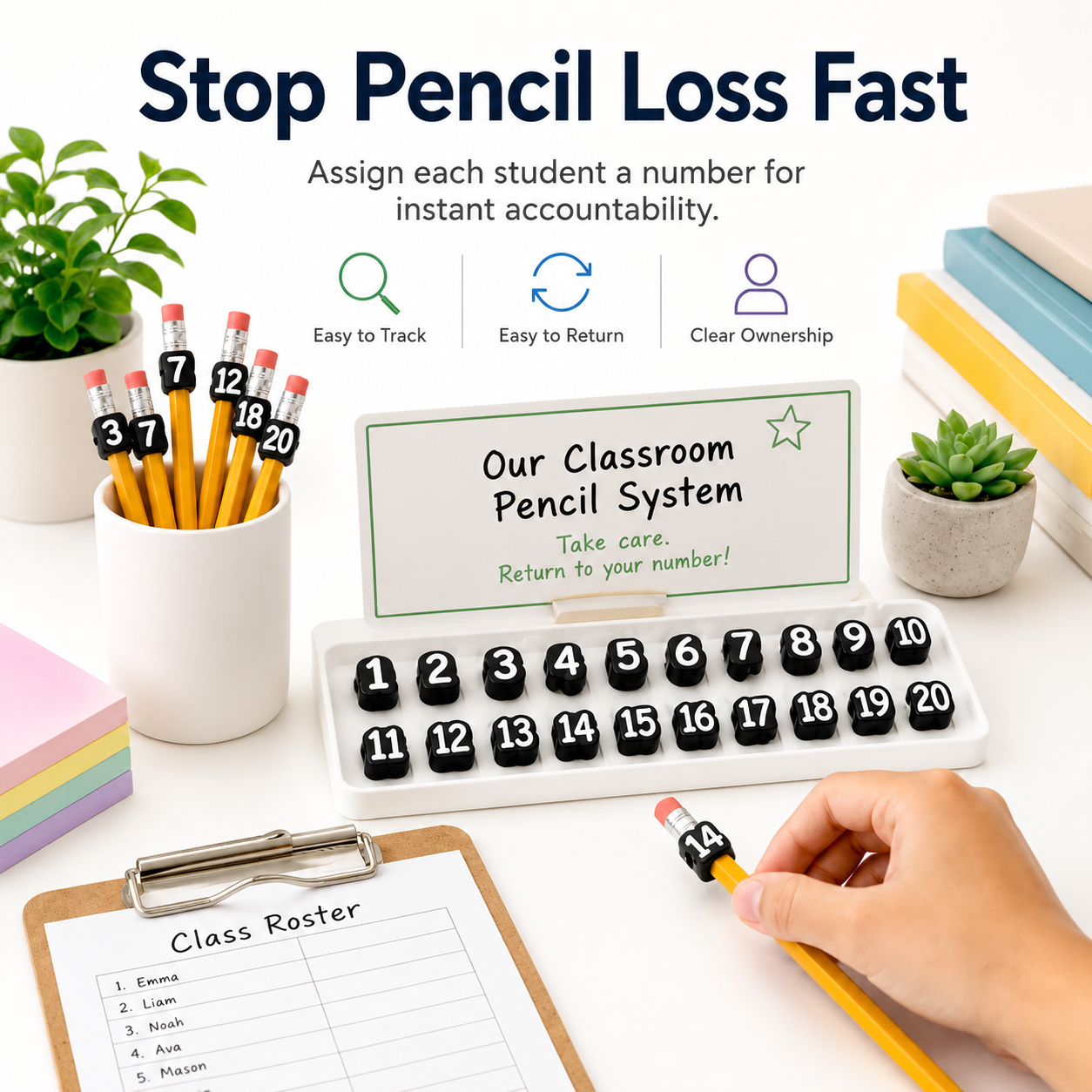 Numbered pencil toppers used on a study desk