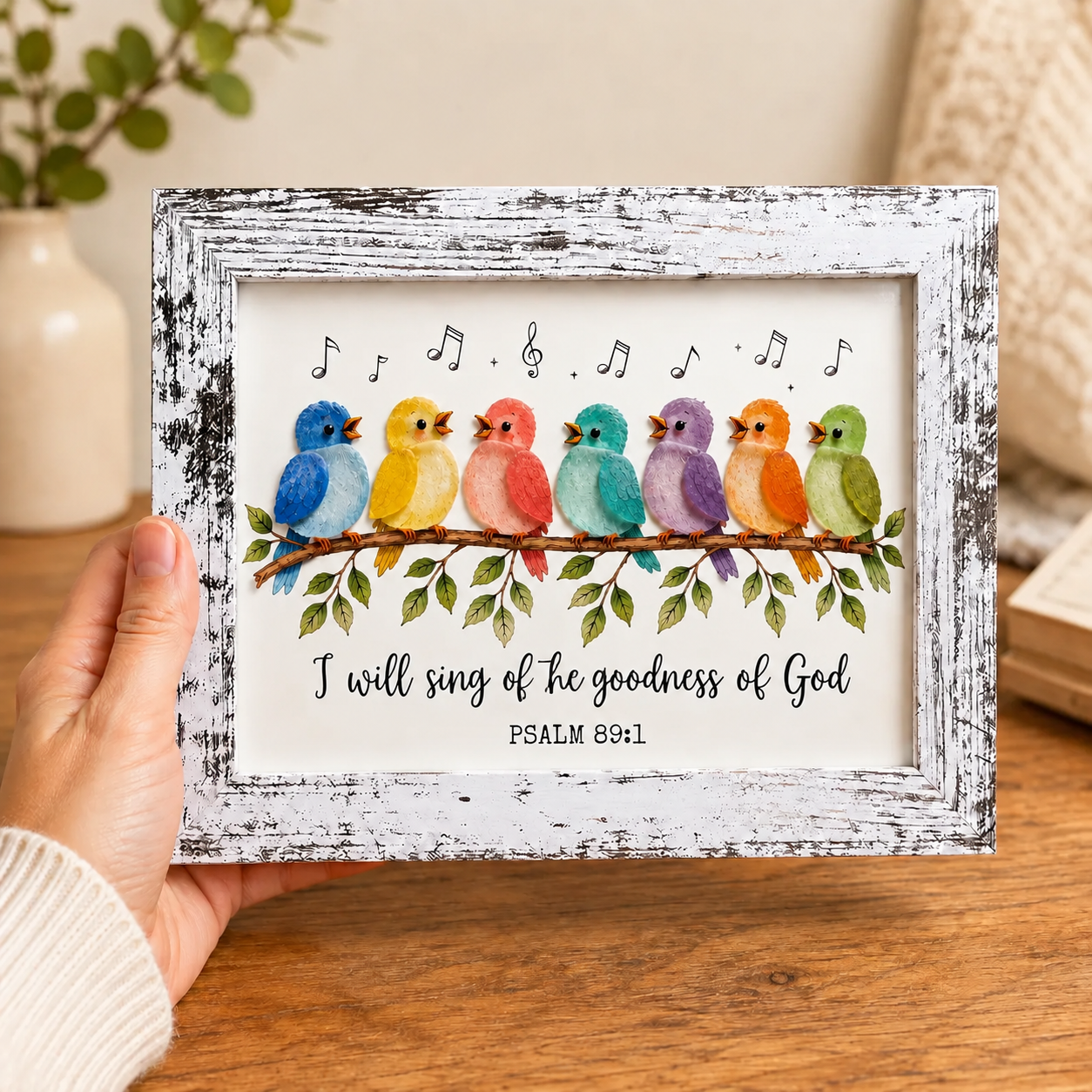 Christian bird art held in hand