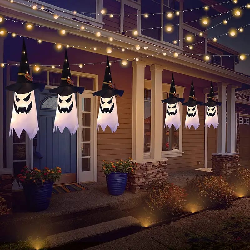 2pcs glowing ghost witch hat halloween decorations outdoor hanging lighted decor for yard tree and garden perfect for halloween parties and celebrations details 1
