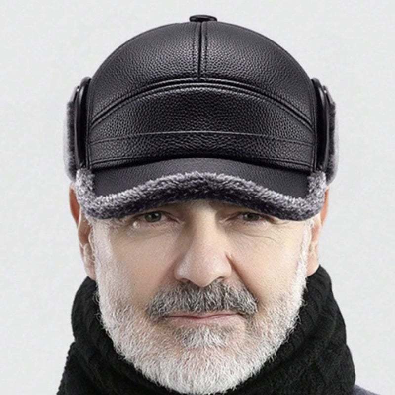 🧢🐂New Men's Winter Hat with Sheepskin Flat Top Earmuffs