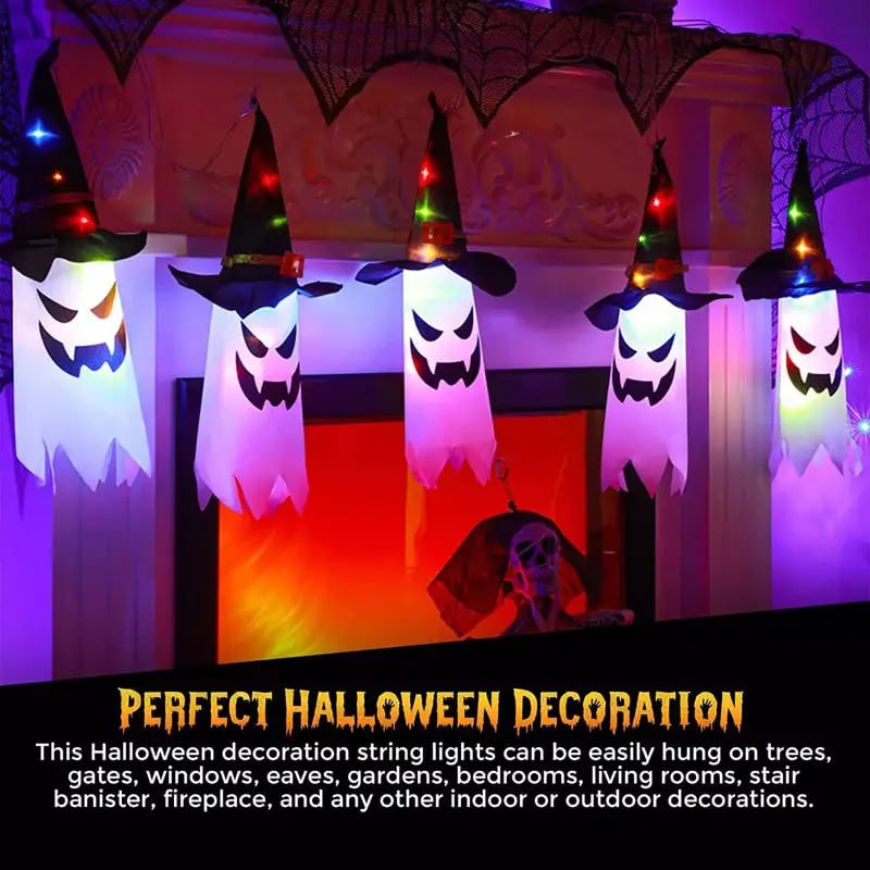 2pcs glowing ghost witch hat halloween decorations outdoor hanging lighted decor for yard tree and garden perfect for halloween parties and celebrations details 5
