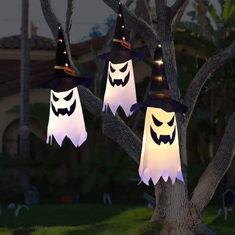 2pcs glowing ghost witch hat halloween decorations outdoor hanging lighted decor for yard tree and garden perfect for halloween parties and celebrations details 4
