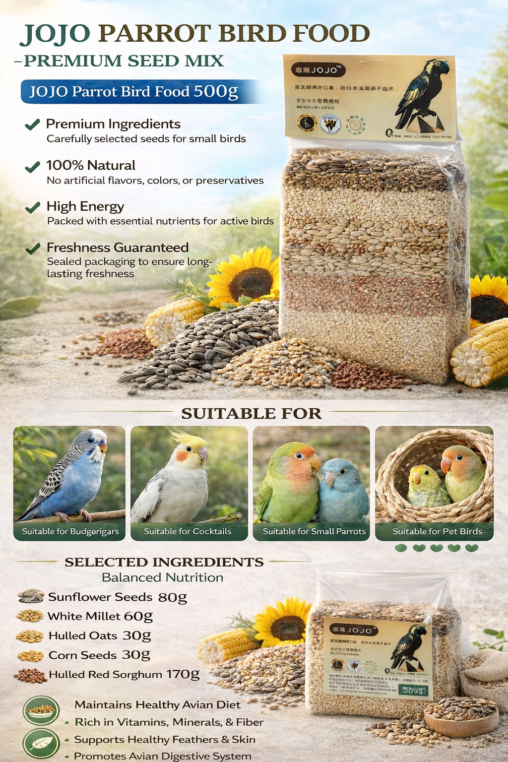 JOJO Parrot Bird Food – Premium Seed Mix (500g)