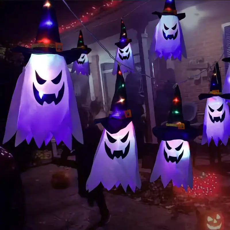 2pcs glowing ghost witch hat halloween decorations outdoor hanging lighted decor for yard tree and garden perfect for halloween parties and celebrations details 2