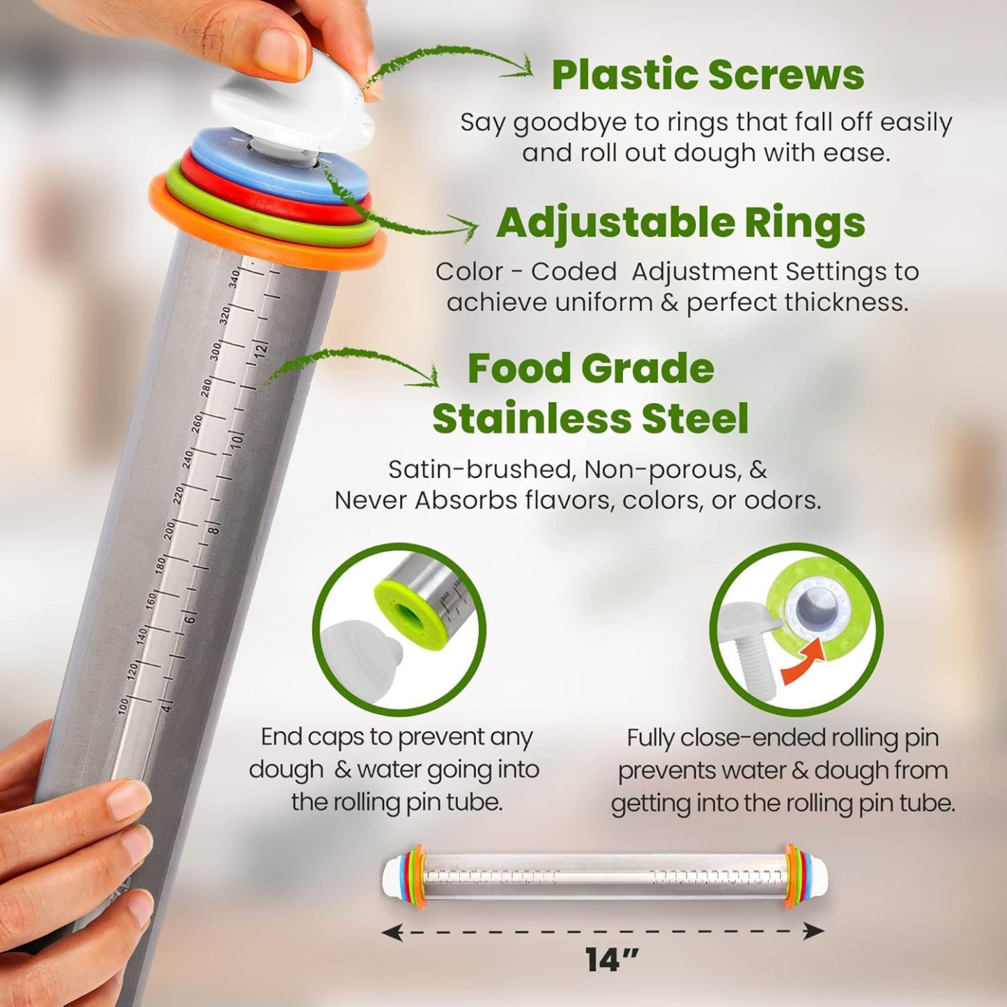 Stainless Steel Rolling Pin With Adjustable Thickness Rings