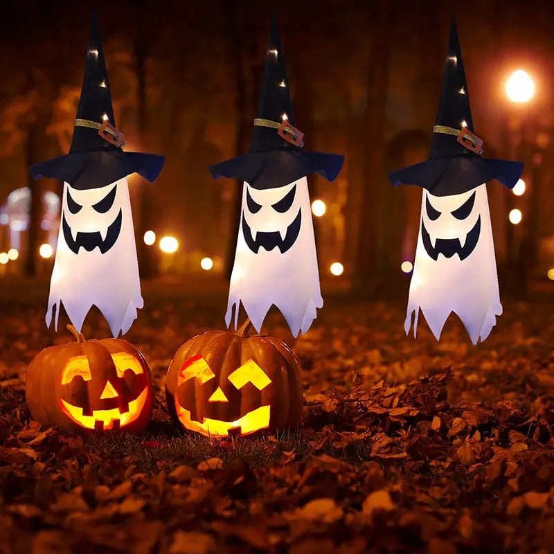 2pcs glowing ghost witch hat halloween decorations outdoor hanging lighted decor for yard tree and garden perfect for halloween parties and celebrations details 7