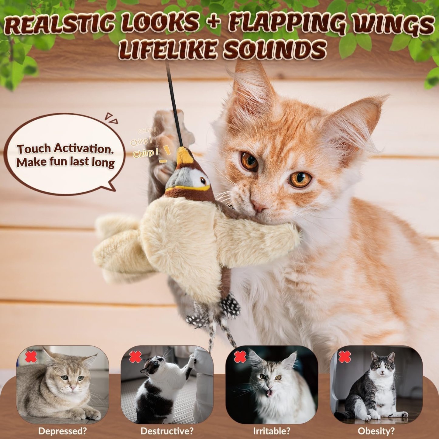 Flapping Bird Cat Toy – USB Rechargeable & Motion‐Activated Chirping Bird