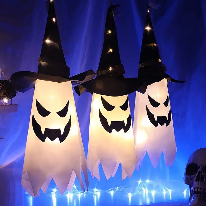 2pcs glowing ghost witch hat halloween decorations outdoor hanging lighted decor for yard tree and garden perfect for halloween parties and celebrations details 6