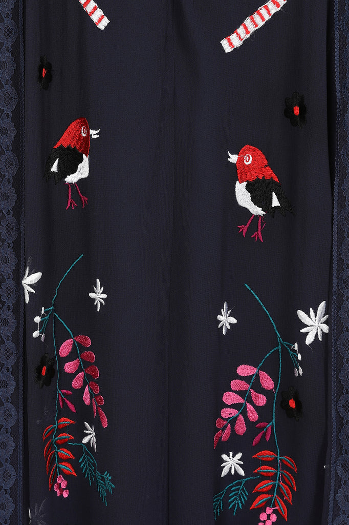 Navy Christmas Embroidered Maxi Dress with Lace Panels