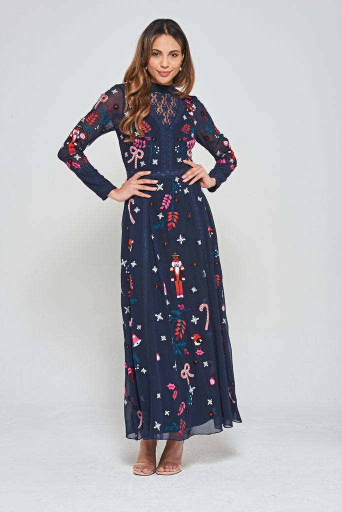 Navy Christmas Embroidered Maxi Dress with Lace Panels