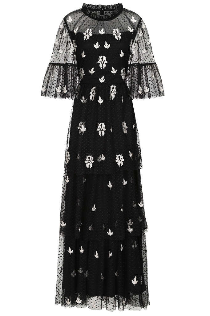 Black Leaf Embroidered Tiered Maxi Dress
