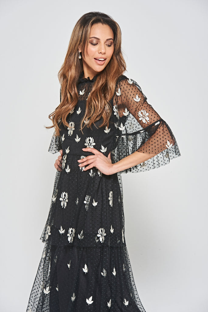 Black Leaf Embroidered Tiered Maxi Dress