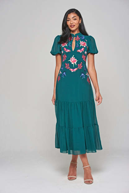Green Floral Embroidered Midi Dress