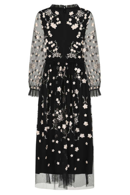 Black Floral Embroidered Midi Dress