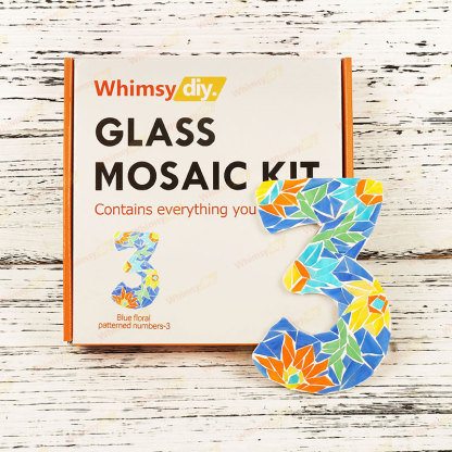 Whimsy DIY Blue Floral Patterned numbers-3 Glass Mosaic Kit Puzzles