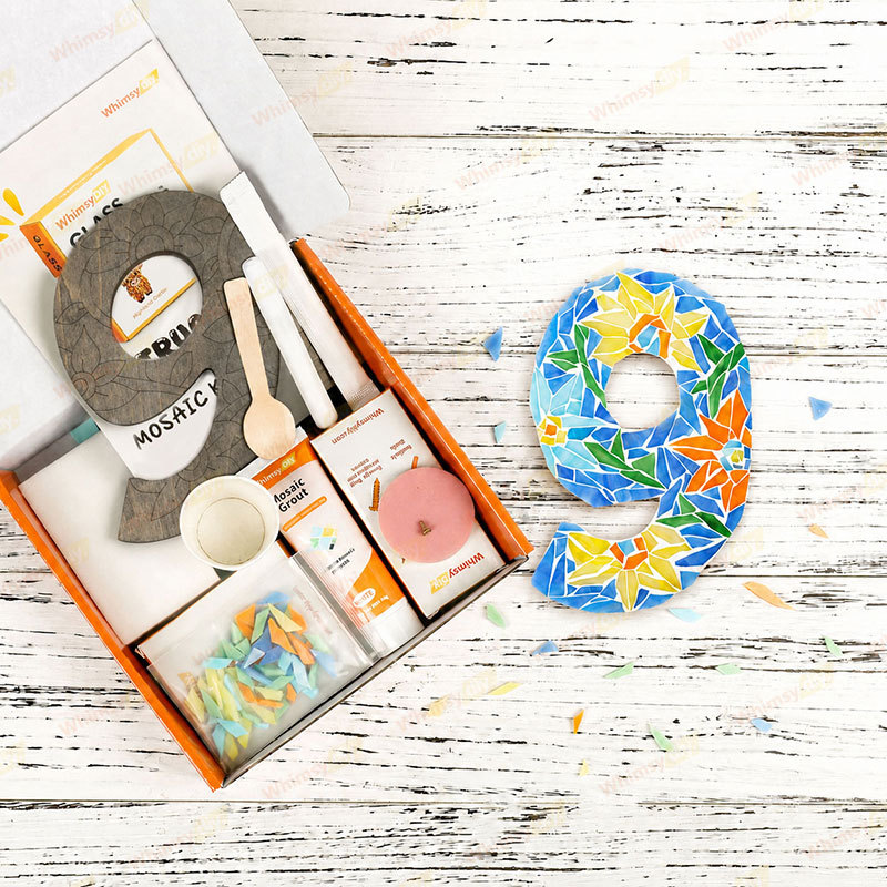 Whimsy DIY Blue Floral Patterned numbers-9 Glass Mosaic Kit Puzzles