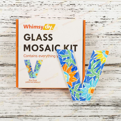 Whimsy DIY Blue Floral Patterned Letters-V Glass Mosaic Kit Puzzles