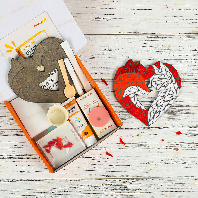 Whimsy DIY Fox Couple Heart Glass Mosaic Kit Puzzles