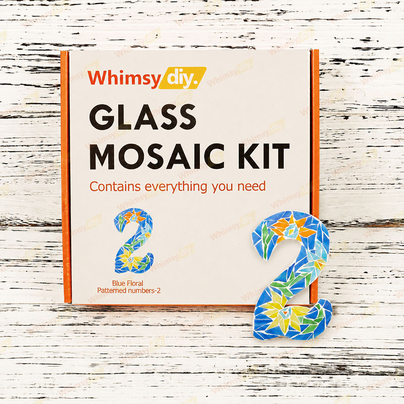 Whimsy DIY Blue Floral Patterned numbers-2 Glass Mosaic Kit Puzzles
