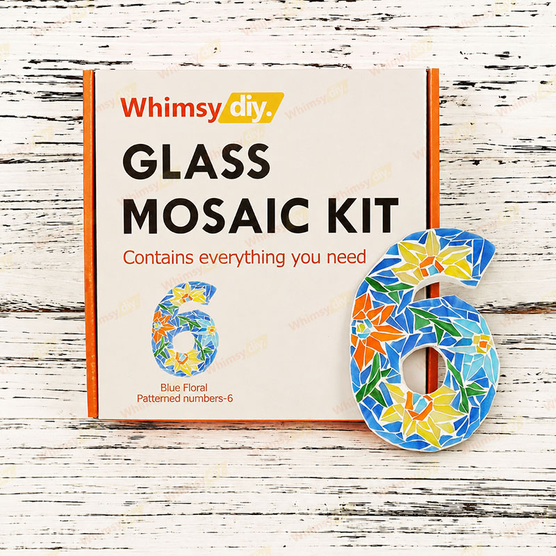 Whimsy DIY Blue Floral Patterned numbers-6 Glass Mosaic Kit Puzzles