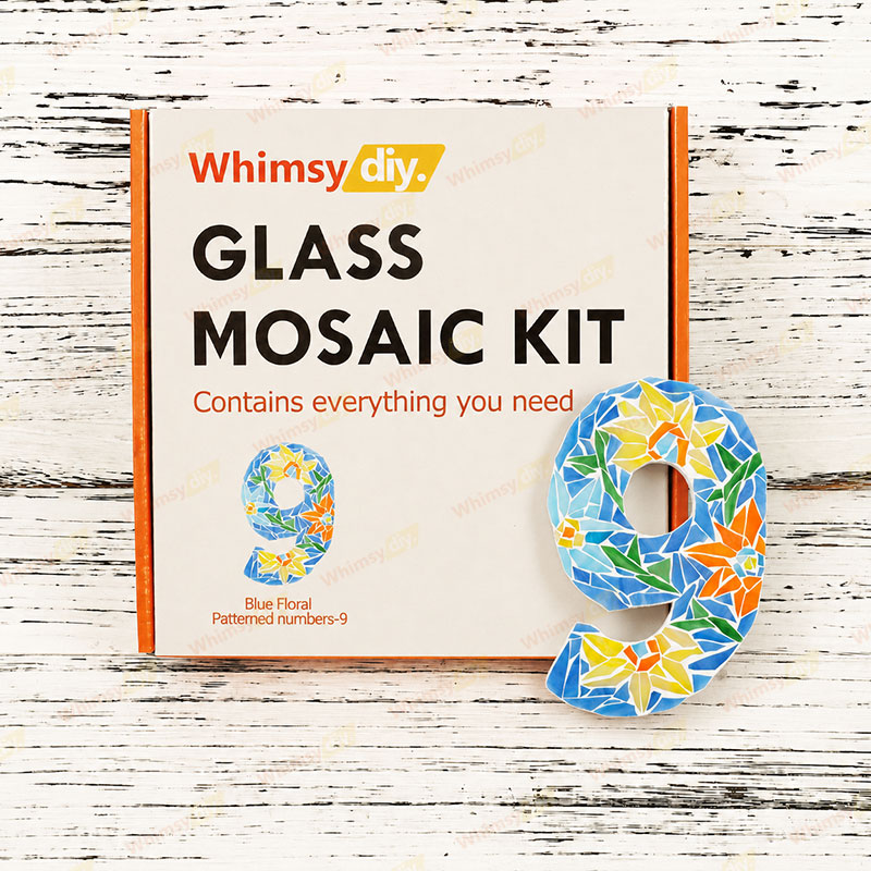 Whimsy DIY Blue Floral Patterned numbers-9 Glass Mosaic Kit Puzzles