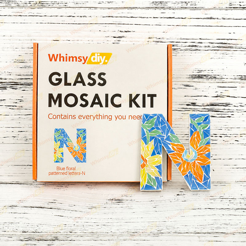 Whimsy DIY Blue Floral Patterned Letters-N Glass Mosaic Kit Puzzles