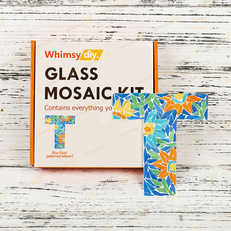 Whimsy DIY Blue Floral Patterned Letters-T Glass Mosaic Kit Puzzles