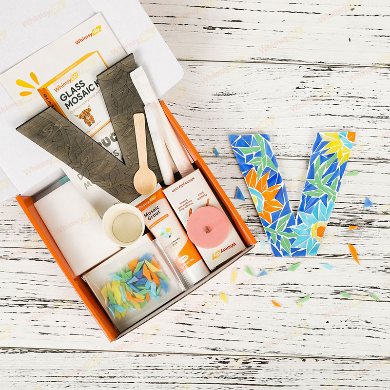 Whimsy DIY Blue Floral Patterned Letters-V Glass Mosaic Kit Puzzles