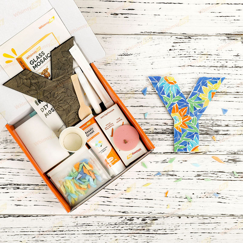 Whimsy DIY Blue Floral Patterned Letters-Y Glass Mosaic Kit Puzzles