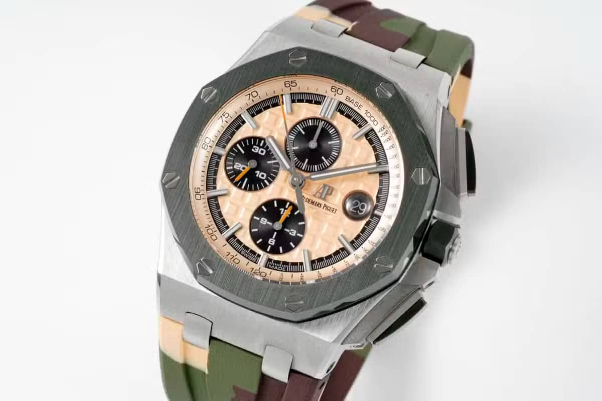 Audemars Piguet Royal Oak Offshore Chronograph 26400SO Beige Dial Green Ceramic Bezel Rubber Best Replica APF 44mm