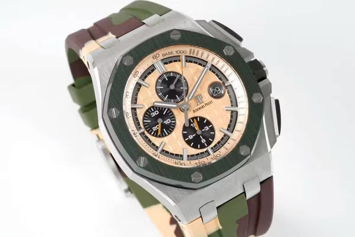 Audemars Piguet Royal Oak Offshore Chronograph 26400SO Beige Dial Green Ceramic Bezel Rubber Best Replica APF 44mm