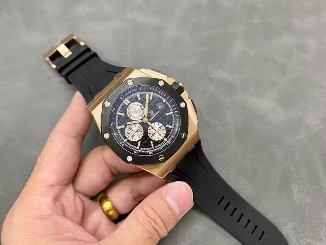 Audemars Piguet Royal Oak Offshore Chronograph 26400RO Rose Gold Ceramic Bezel Black Dial Best Replica APF 44mm