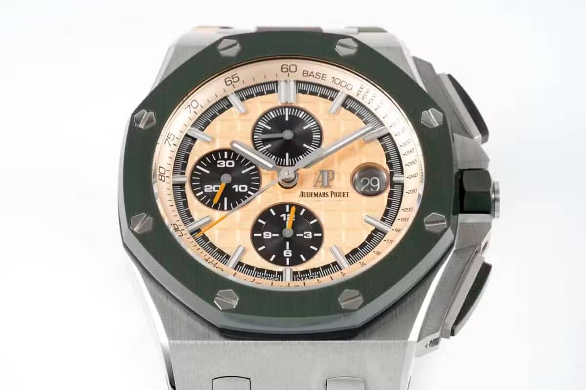 Audemars Piguet Royal Oak Offshore Chronograph 26400SO Beige Dial Green Ceramic Bezel Rubber Best Replica APF 44mm