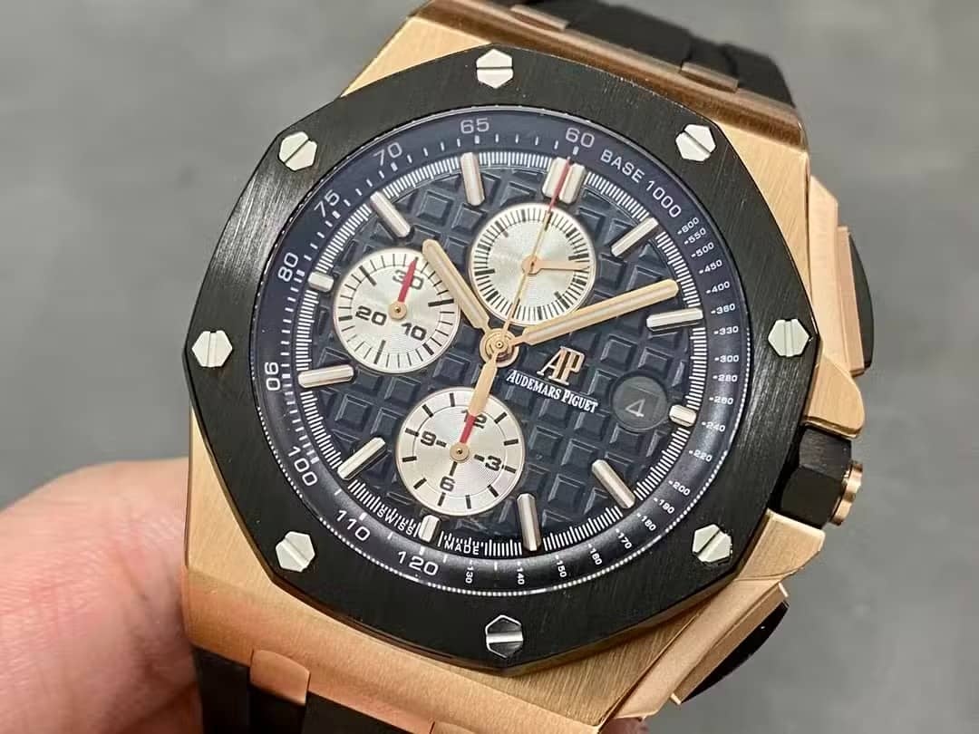 Audemars Piguet Royal Oak Offshore Chronograph 26400RO Rose Gold Ceramic Bezel Black Dial Best Replica APF 44mm