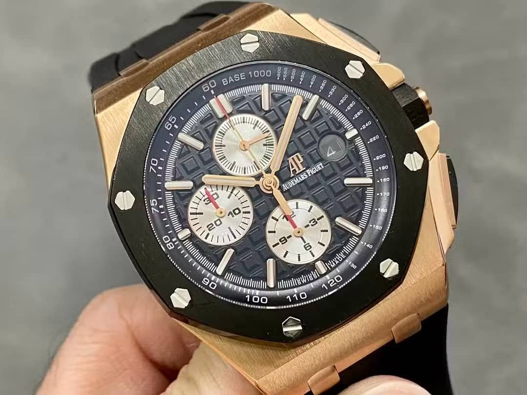Audemars Piguet Royal Oak Offshore Chronograph 26400RO Rose Gold Ceramic Bezel Black Dial Best Replica APF 44mm