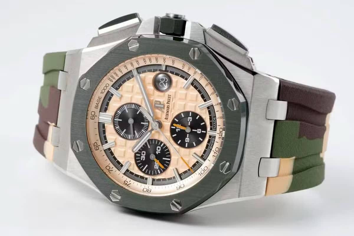 Audemars Piguet Royal Oak Offshore Chronograph 26400SO Beige Dial Green Ceramic Bezel Rubber Best Replica APF 44mm