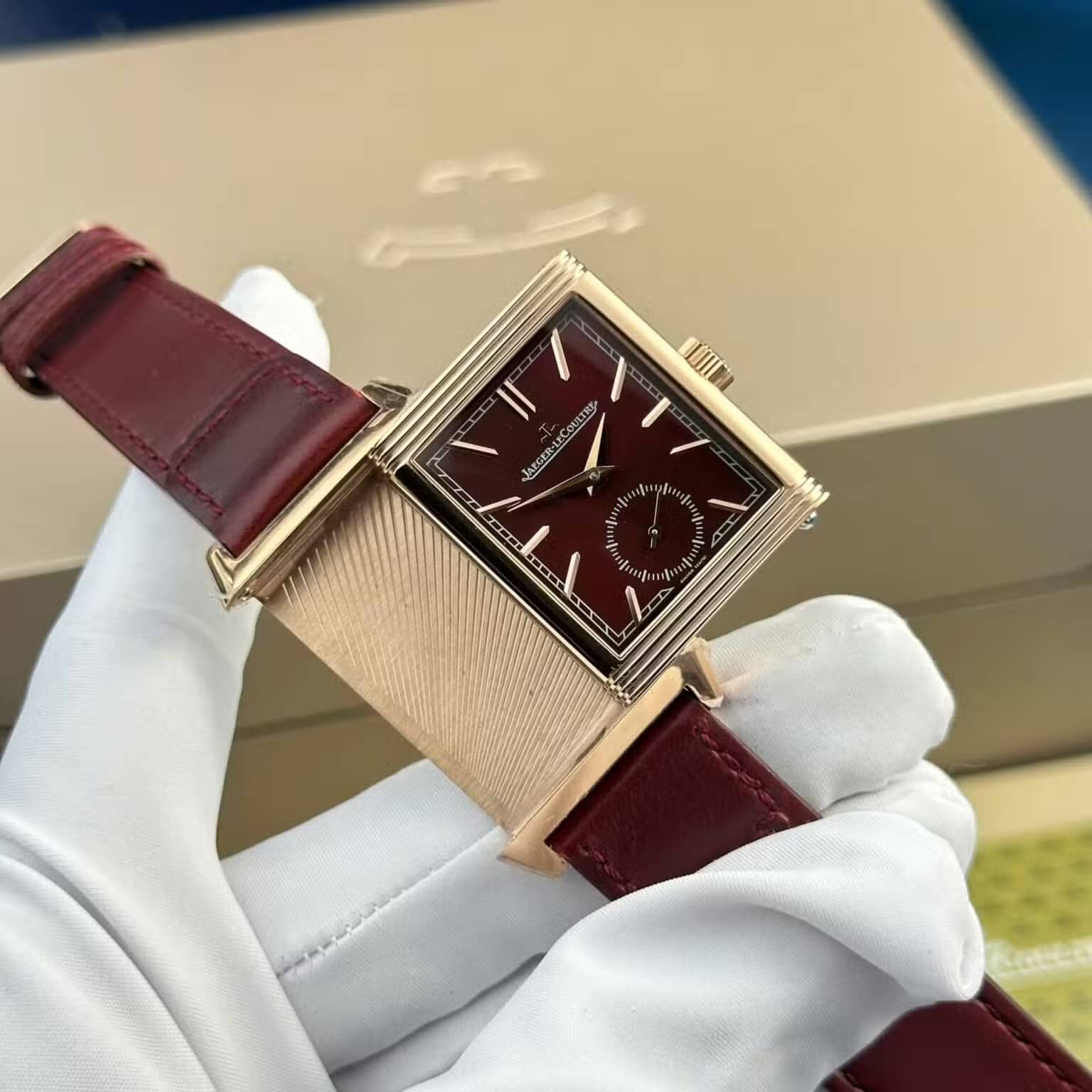Jaeger LeCoultre Reverso Tribute Monoface Small Seconds Q713256J Rose Gold Wine-red Dial Best Replica MGF 45.6×27.4mm