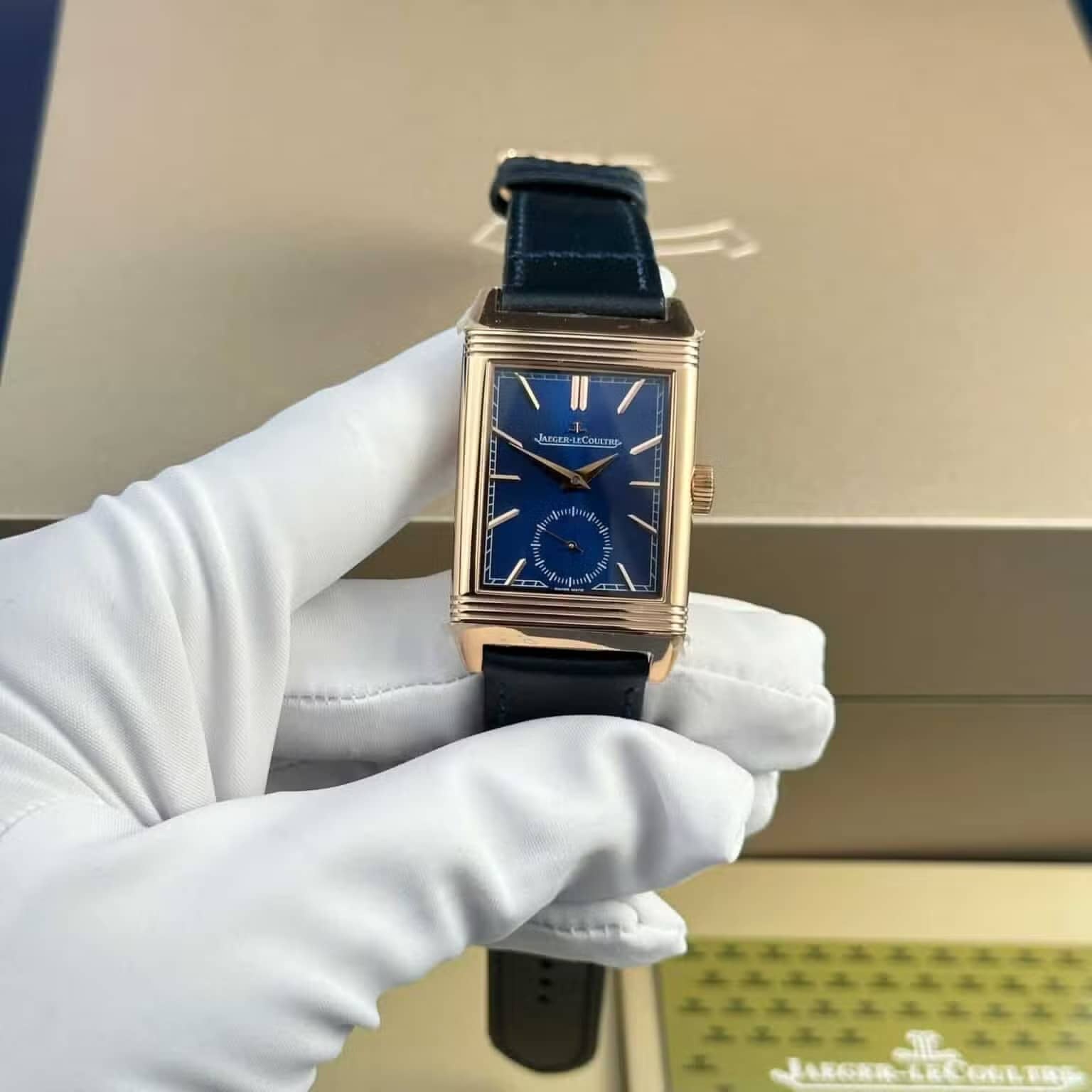 Jaeger LeCoultre Reverso Tribute Monoface Small Seconds Rose Gold Blue Dial Best Replica MGF 45.6×27.4mm